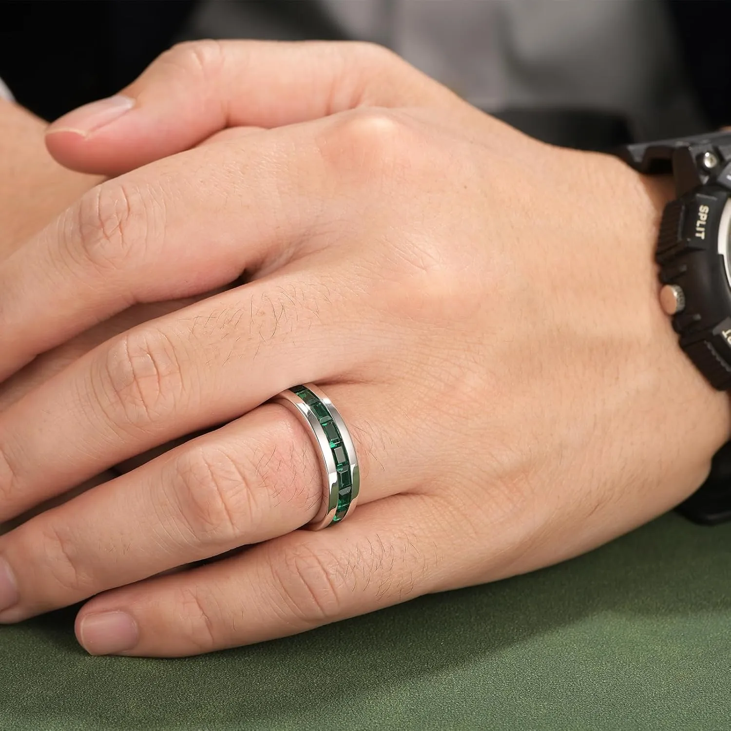 Emerald Ring For Men Eternity Wedding Band 925 Sterling Silver 19 Emerald Cut Gemstone Promise Ring For Him Size 7-14
