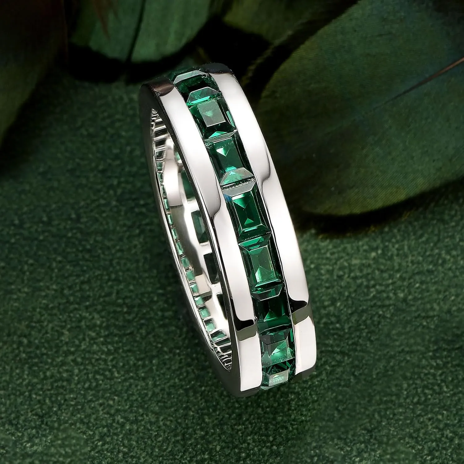 Emerald Ring For Men Eternity Wedding Band 925 Sterling Silver 19 Emerald Cut Gemstone Promise Ring For Him Size 7-14