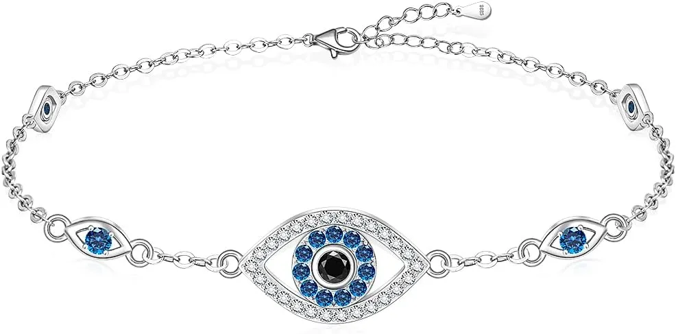 Evil Eye Bracelets Sterling Silver Greek Evil Eye Bracelet for Women Bangle Jewelry Adjustable Amulet Charm Third Eye Bangle Protection Turkish Lucky