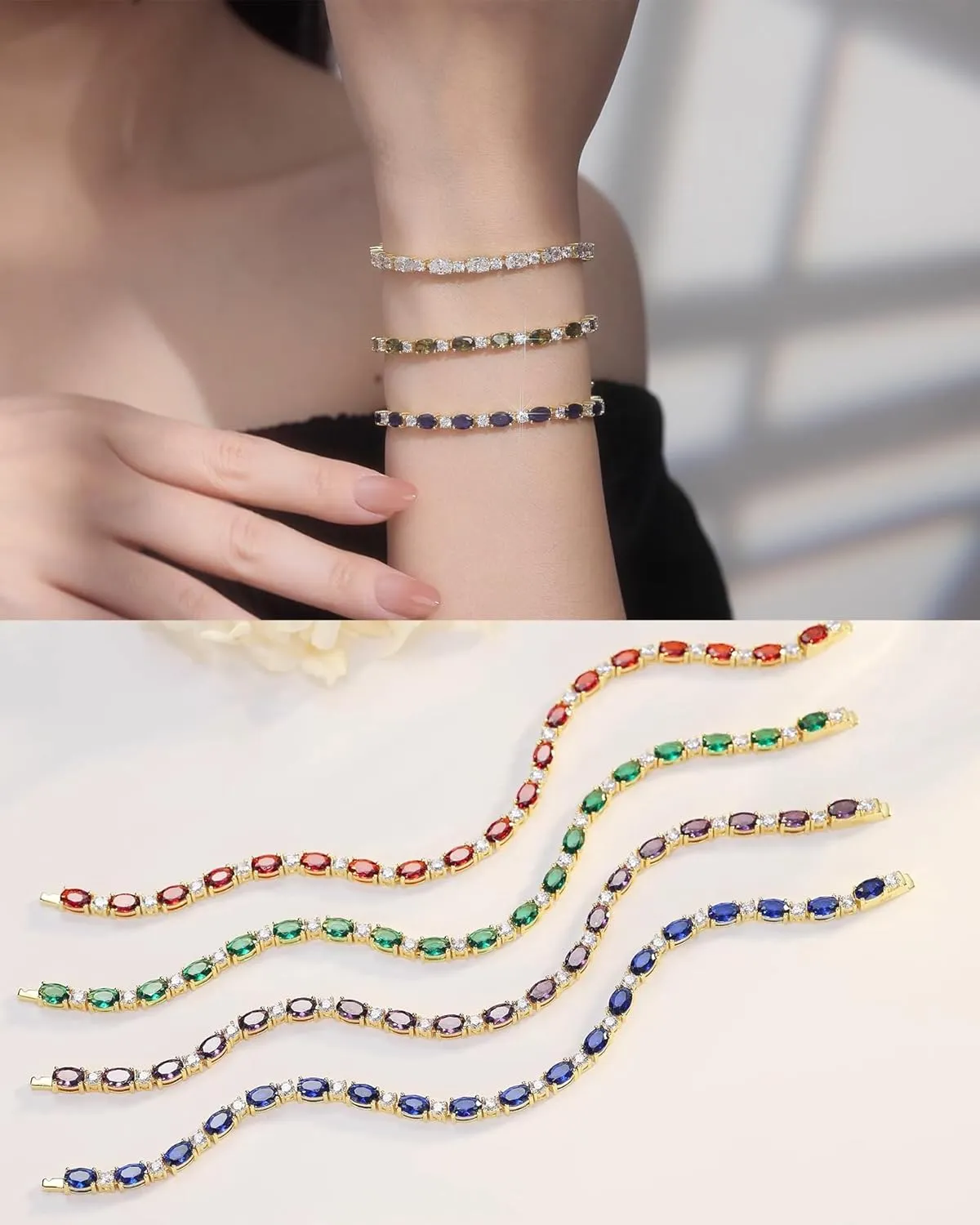 FANCIME 14K Gold Plated Birthstone Bracelets 4mm Sterling Silver Tennis Bracelets Gold Bracelets Mother's Day Birthday Jewelry Gifts for Women 7"