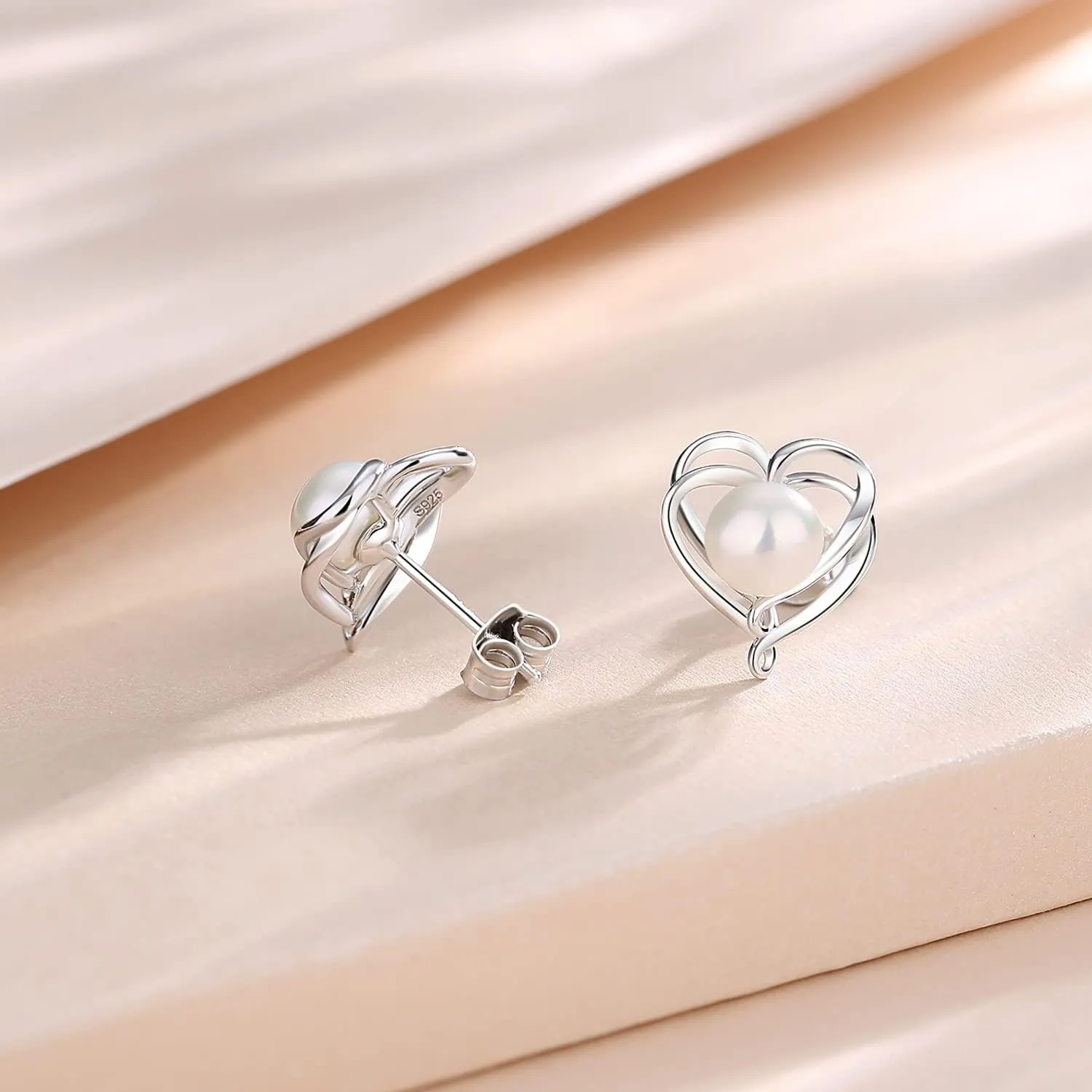FANCIME Sterling Silver Double Heart Pearl Necklace & Stud Earrings with Genuine Quality 9-10mm/6-6.5mm Freshwater Cultured Pearls Bridal Wedding Jewelry
