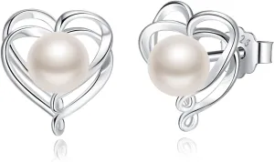 FANCIME Sterling Silver Double Heart Pearl Necklace & Stud Earrings with Genuine Quality 9-10mm/6-6.5mm Freshwater Cultured Pearls Bridal Wedding Jewelry