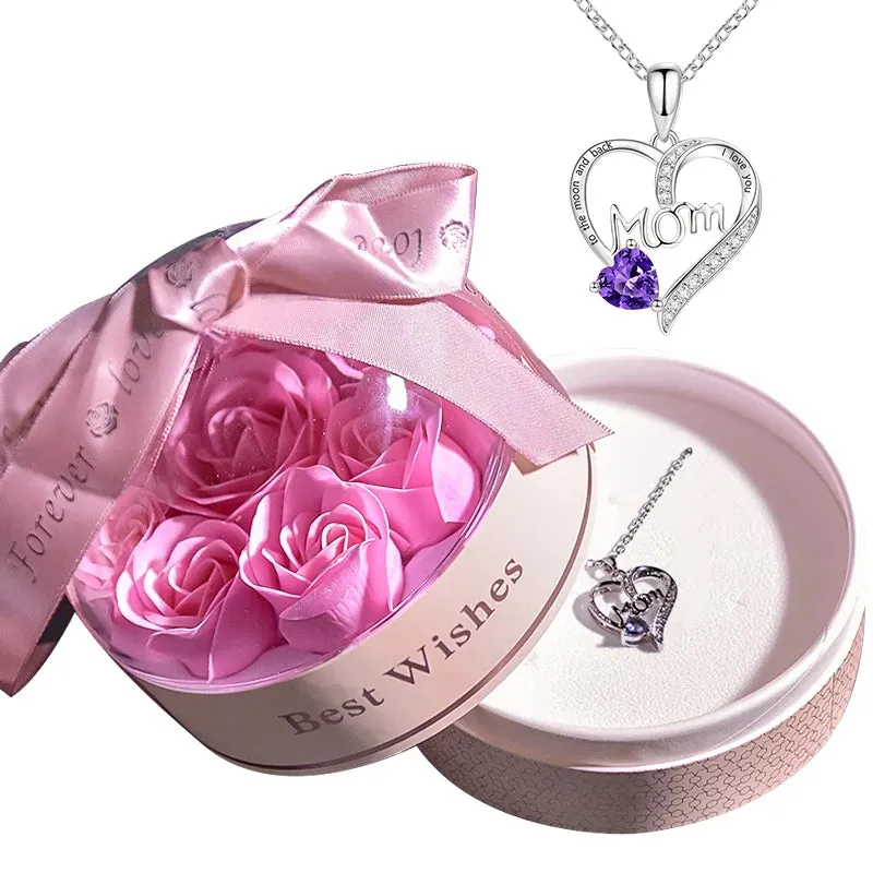 Fashion Crystal Heart Pendant Necklace In Soap Rose Round Jewelry Box Mama Letter Mothers Day Anniversary Gift