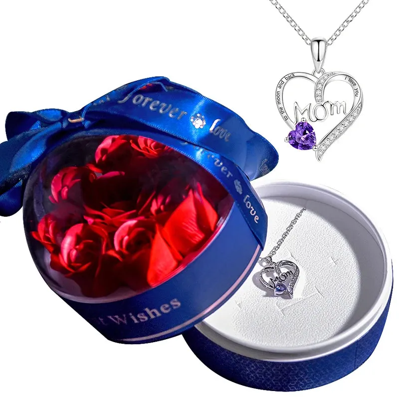 Fashion Crystal Heart Pendant Necklace In Soap Rose Round Jewelry Box Mama Letter Mothers Day Anniversary Gift