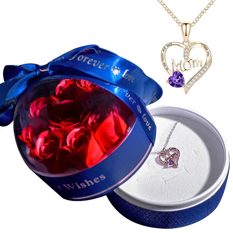 Fashion Crystal Heart Pendant Necklace In Soap Rose Round Jewelry Box Mama Letter Mothers Day Anniversary Gift