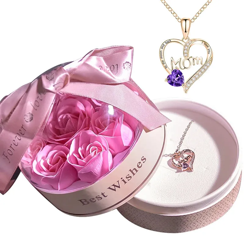 Fashion Crystal Heart Pendant Necklace In Soap Rose Round Jewelry Box Mama Letter Mothers Day Anniversary Gift