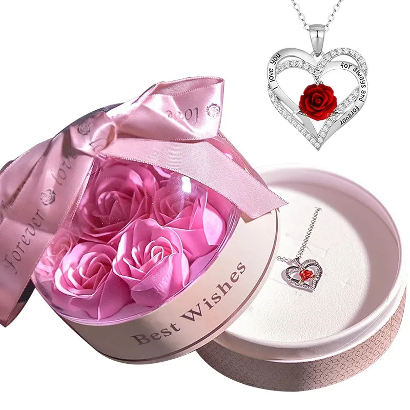 Fashion Crystal Heart Pendant Necklace In Soap Rose Round Jewelry Box Mama Letter Mothers Day Anniversary Gift