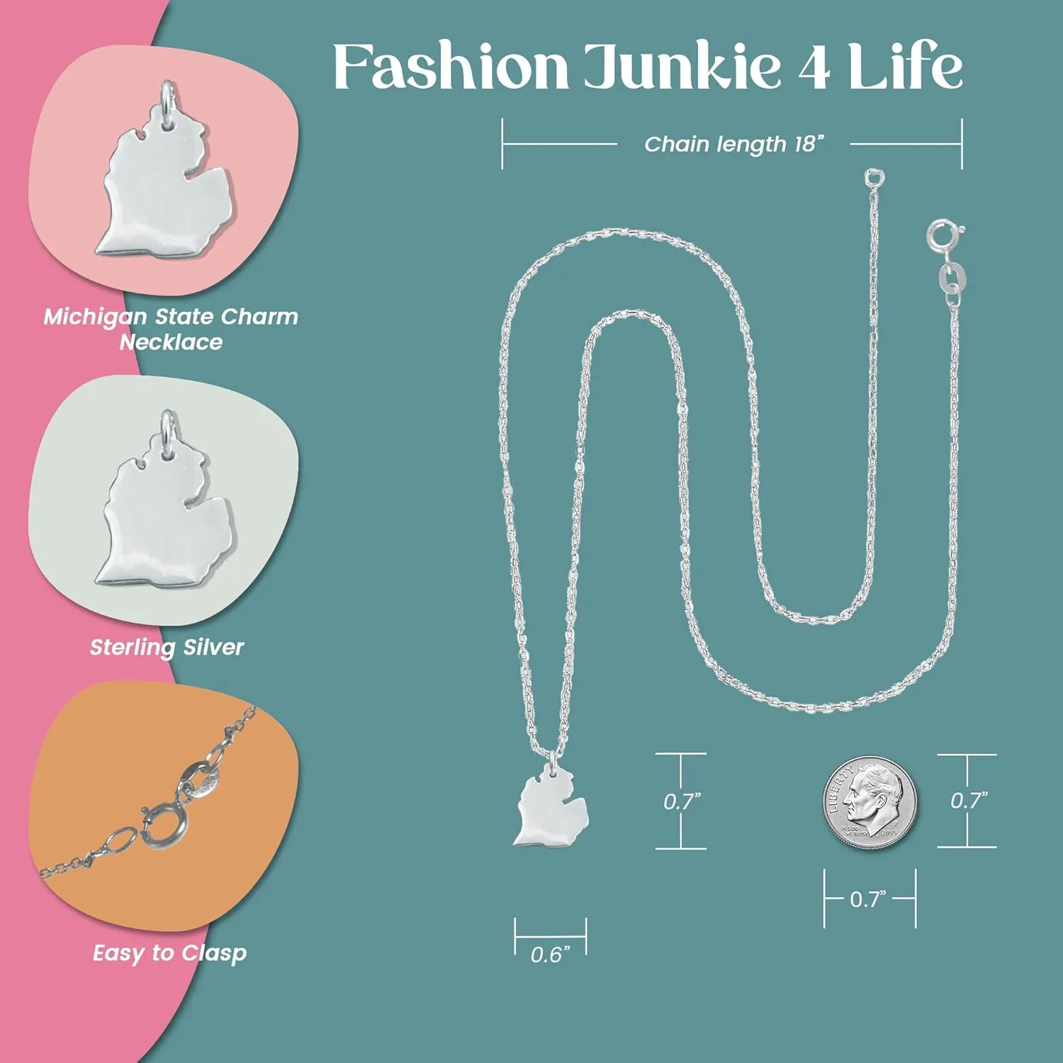 FashionJunkie4Life 925 Sterling Silver US States Pendant Necklaces