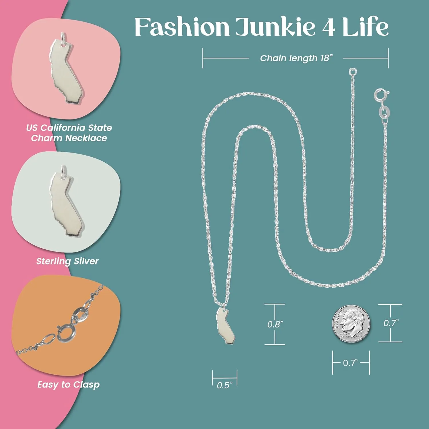 FashionJunkie4Life 925 Sterling Silver US States Pendant Necklaces
