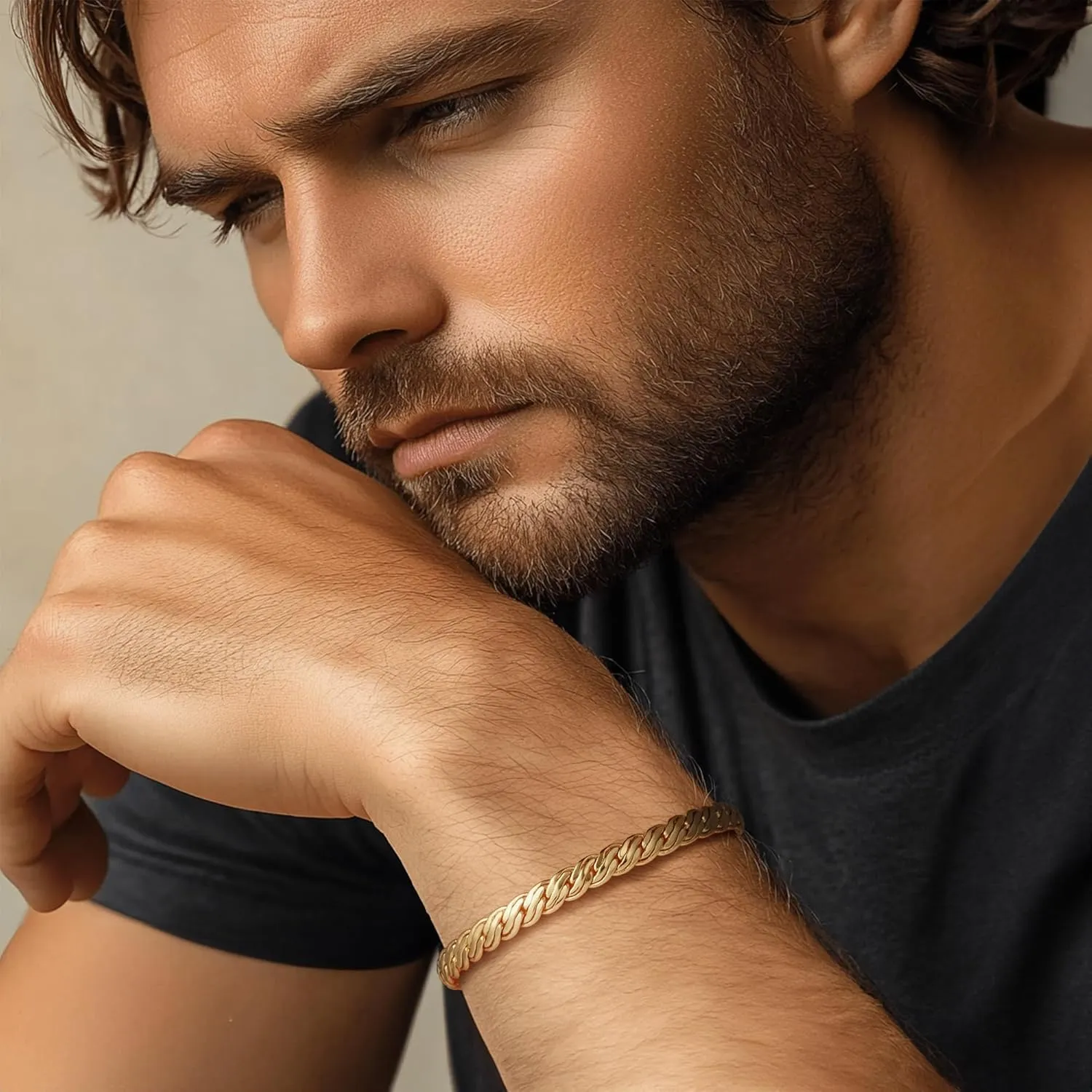 FEGER 14K Gold Double-Row Braid Chain Bracelet for Men and Women Non-Tarnish Bracelets with Lobster Clasp Available in 5 Sizes (6.5''-8.5'')