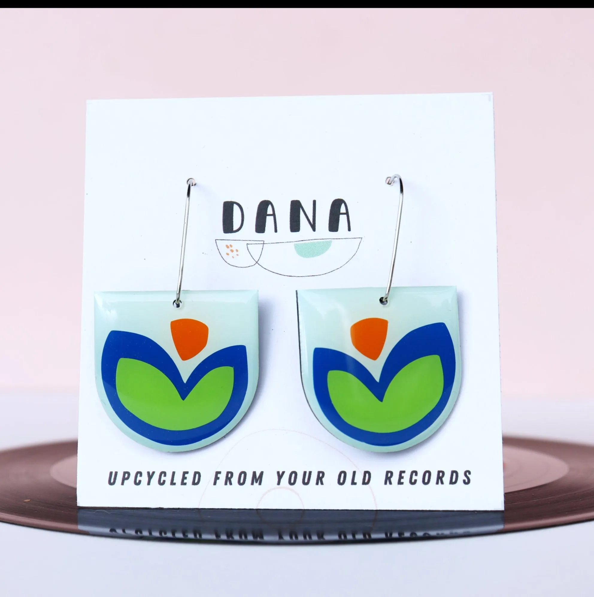 FLOR in blue, vibrant green and orange / upcycled vinyl record earrings