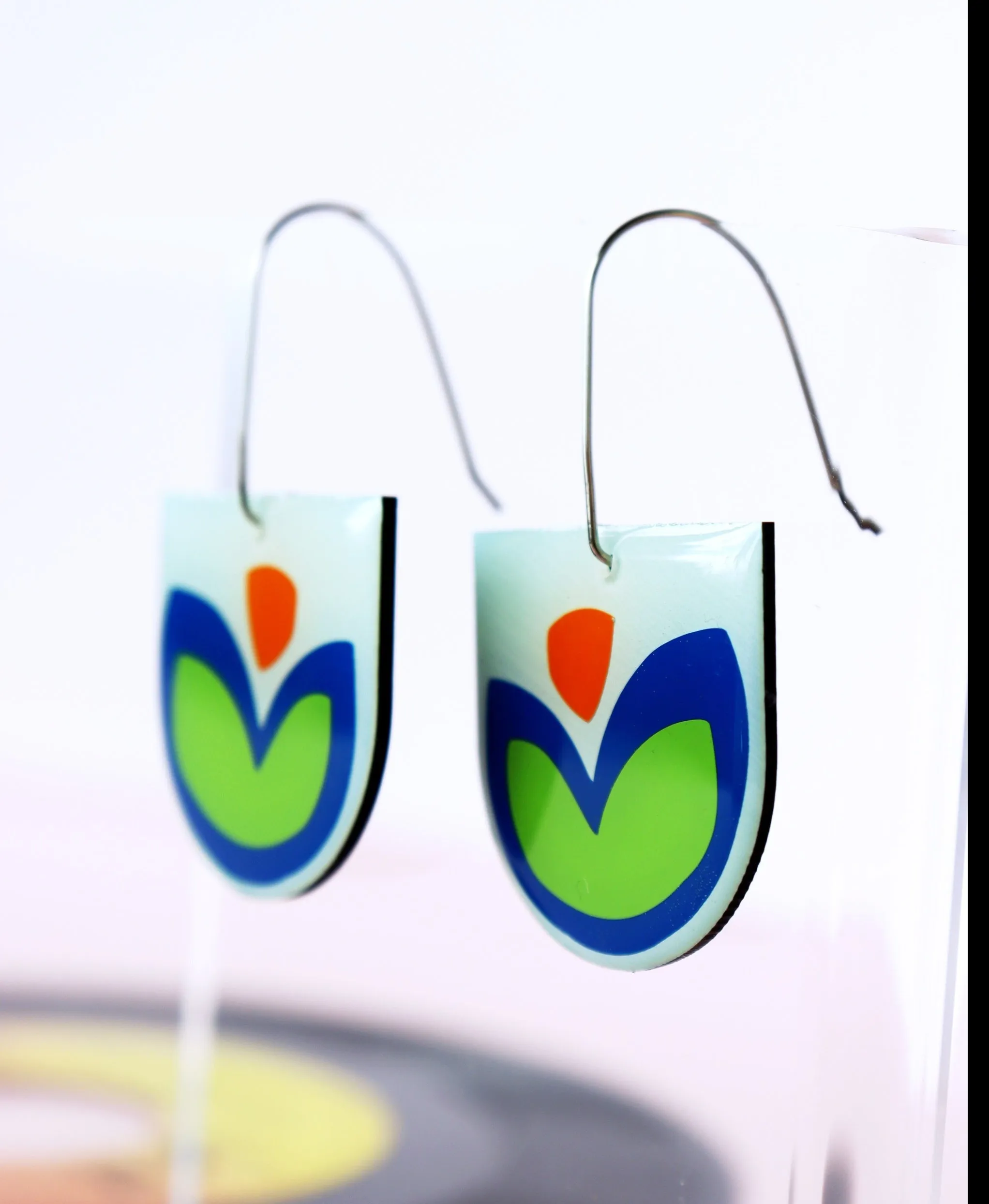 FLOR in blue, vibrant green and orange / upcycled vinyl record earrings