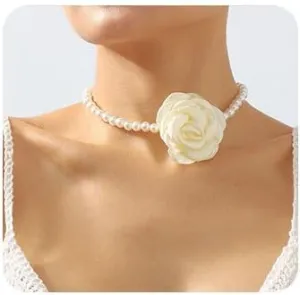 Floral Choker Pearl Flower Necklace Rose Pearl Choker Necklace Flower Pearl Beaded Choker Necklaces Fashion Bride Necklaces Jewelry for Women and Teen Girls