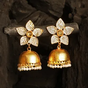 Floral Shape Gold Plated Jhumki Earrings with Kundan