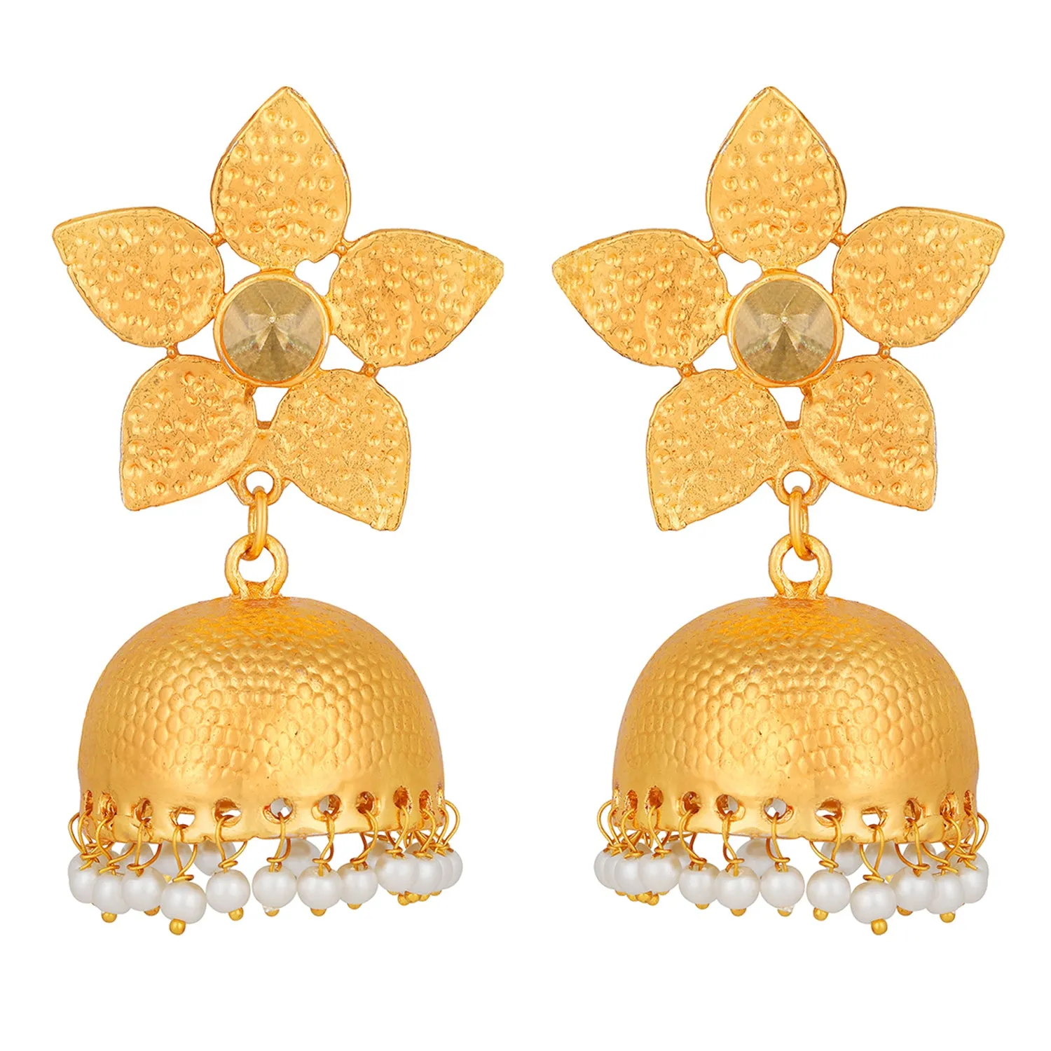 Floral Shape Gold Plated Jhumki Earrings with Kundan