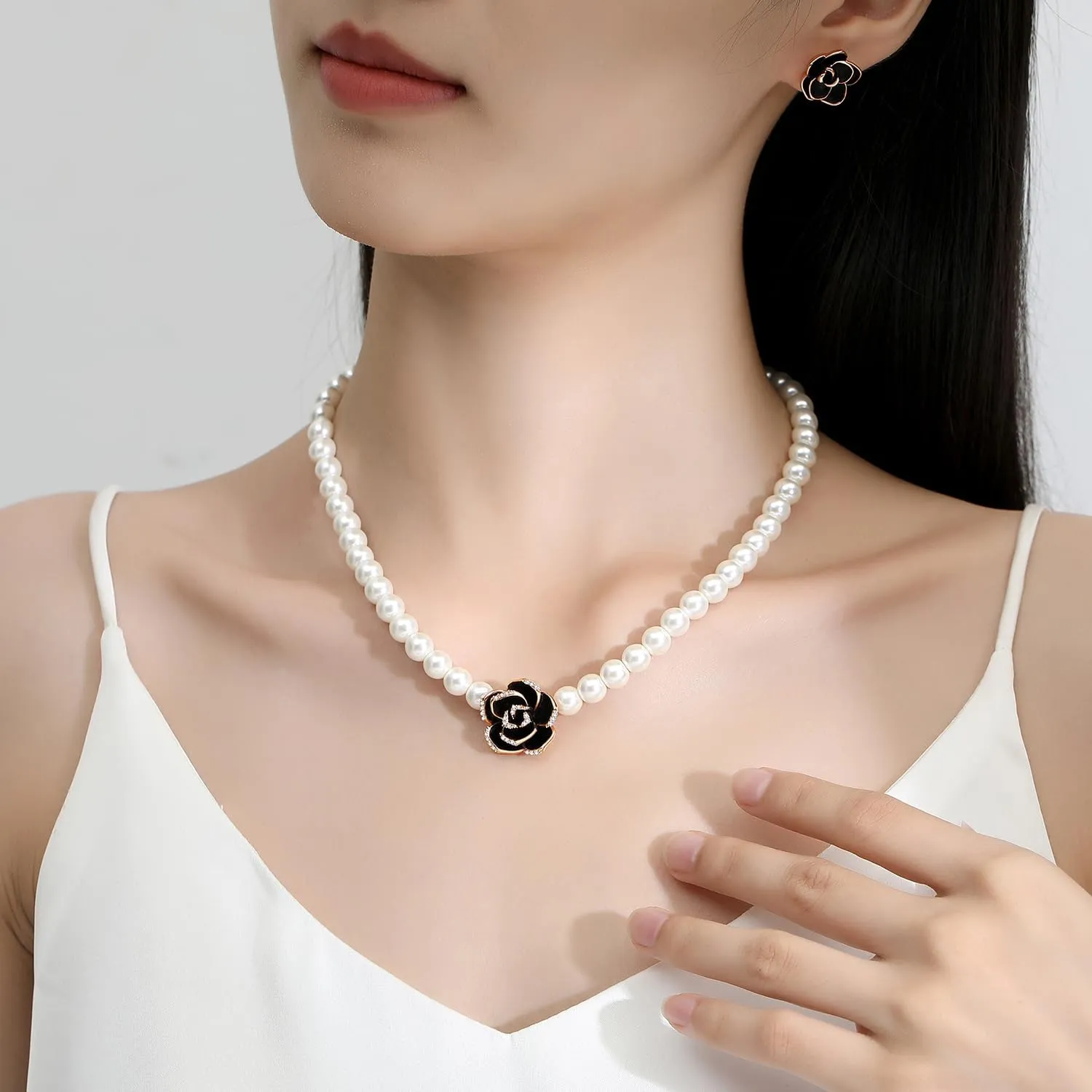 Flower Shell Pearl Choker Necklace Set Black Rose 14K Gold Plated Necklace and Earrings for Women Dainty Handmade Jewelry