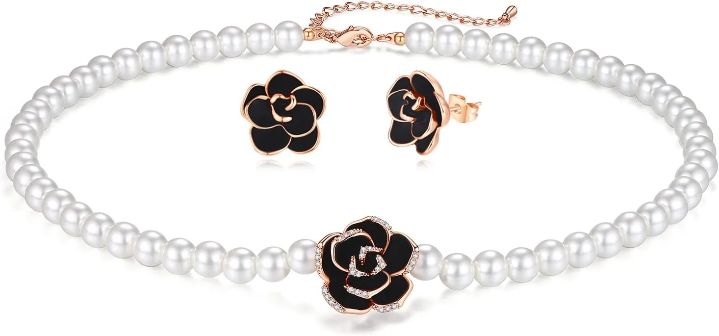 Flower Shell Pearl Choker Necklace Set Black Rose 14K Gold Plated Necklace and Earrings for Women Dainty Handmade Jewelry