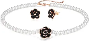 Flower Shell Pearl Choker Necklace Set Black Rose 14K Gold Plated Necklace and Earrings for Women Dainty Handmade Jewelry