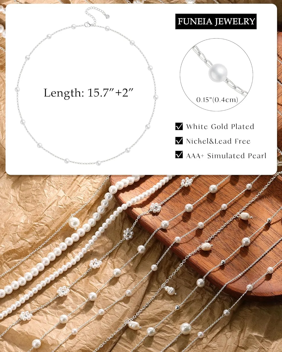 FUNEIA Dainty Pearl Necklace for Women 14K Gold Plated Faux Pearl Choker Necklaces Trendy White Silver Small Pearl Necklace Strand Wedding Prom Bridal Pearls Jewelry 14/16/18/20 Inches