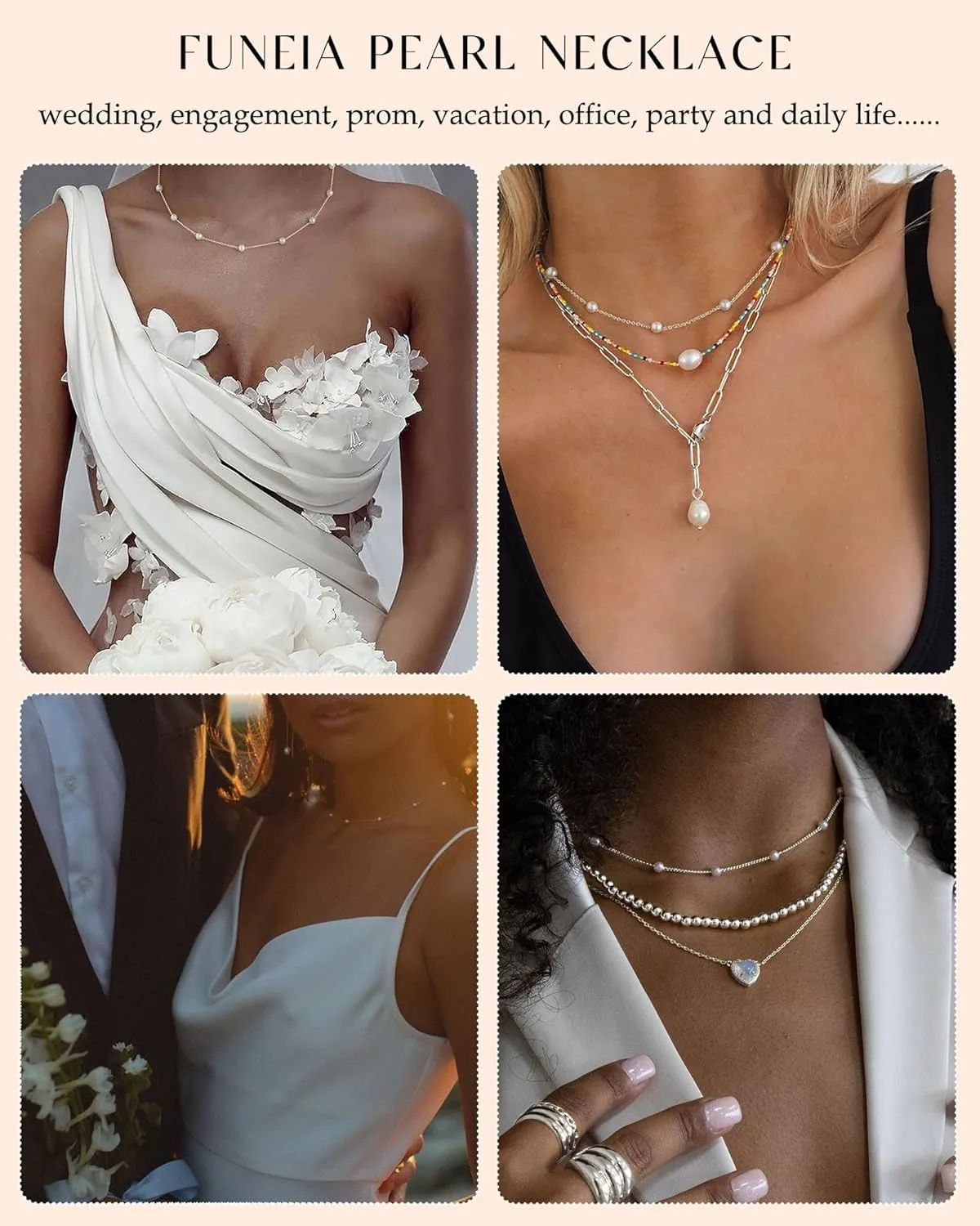 FUNEIA Dainty Pearl Necklace for Women 14K Gold Plated Faux Pearl Choker Necklaces Trendy White Silver Small Pearl Necklace Strand Wedding Prom Bridal Pearls Jewelry 14/16/18/20 Inches