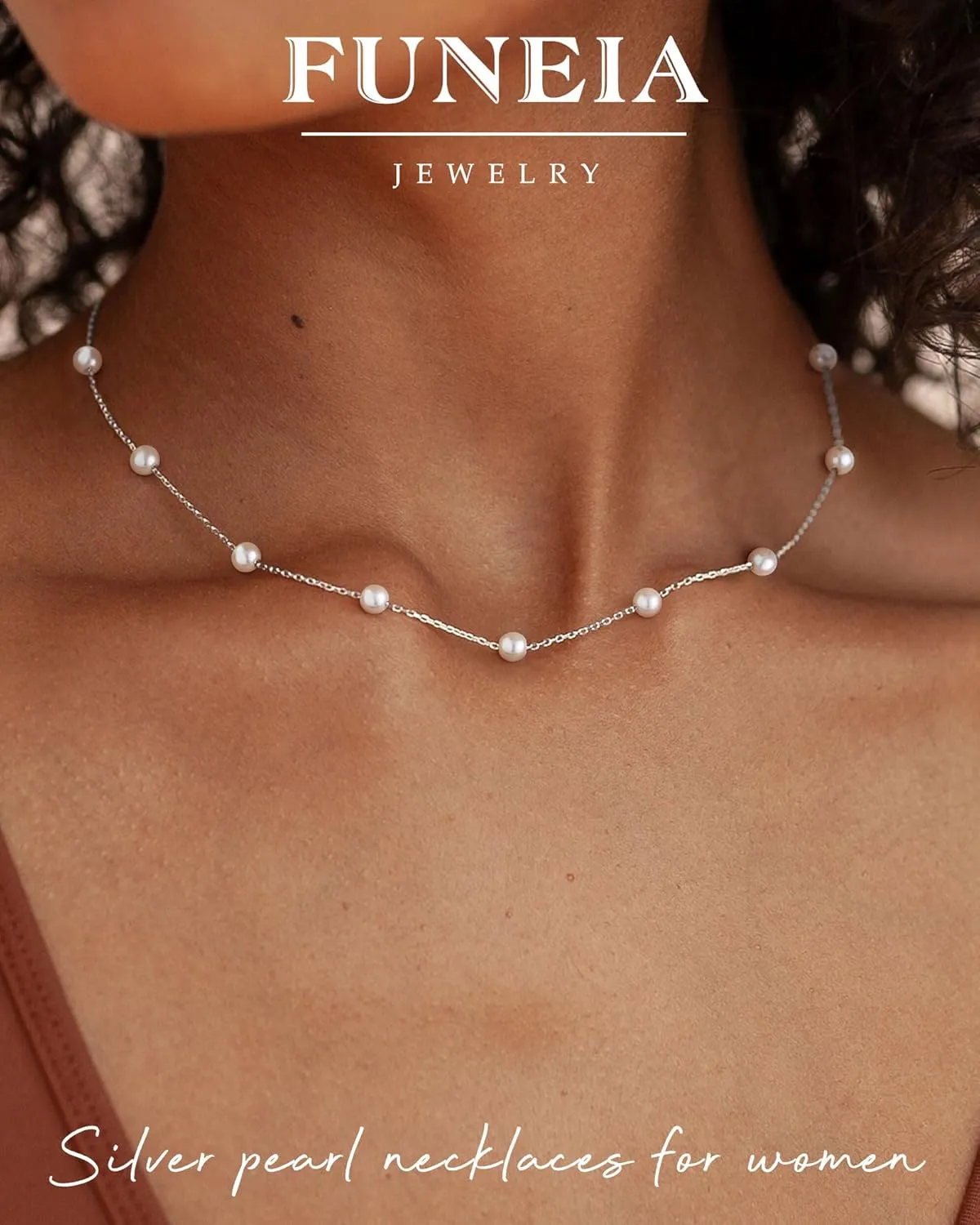 FUNEIA Dainty Pearl Necklace for Women 14K Gold Plated Faux Pearl Choker Necklaces Trendy White Silver Small Pearl Necklace Strand Wedding Prom Bridal Pearls Jewelry 14/16/18/20 Inches