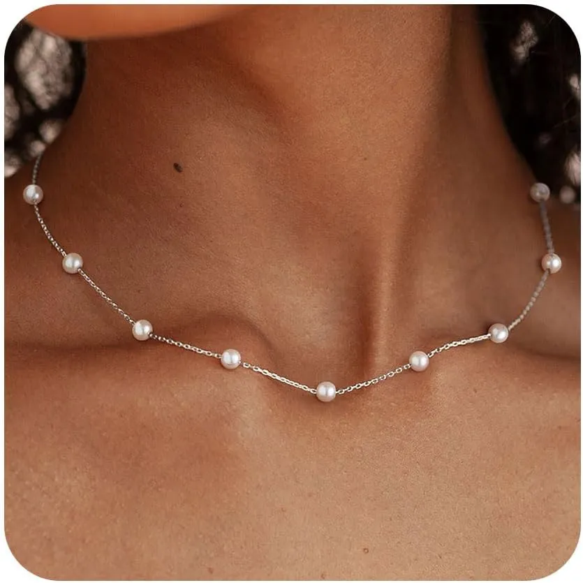 FUNEIA Dainty Pearl Necklace for Women 14K Gold Plated Faux Pearl Choker Necklaces Trendy White Silver Small Pearl Necklace Strand Wedding Prom Bridal Pearls Jewelry 14/16/18/20 Inches