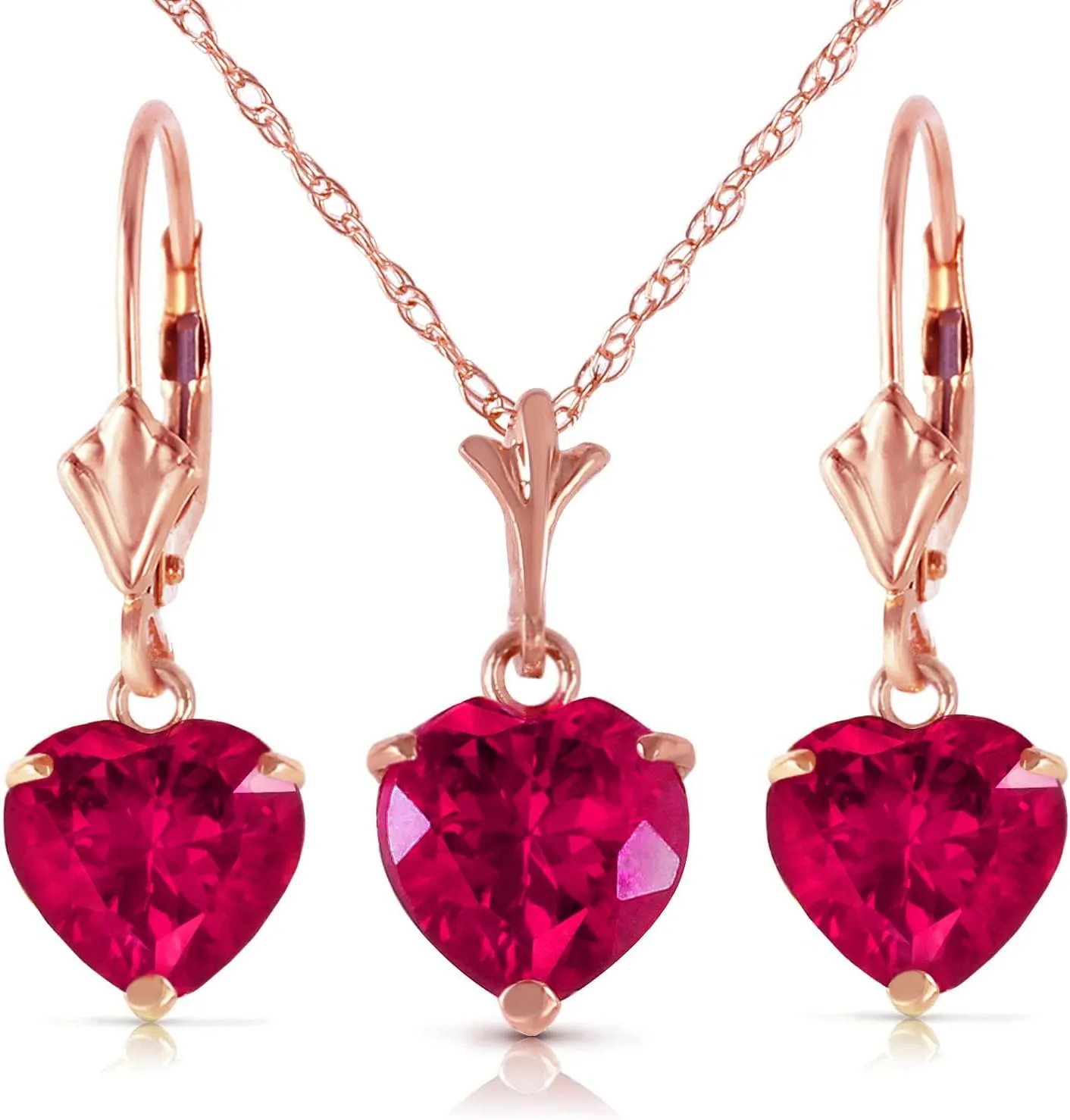 Galaxy Gold GG 14K Solid Rose Gold Lab Grown Heart Ruby Necklace and Earrings Set Grade AAA