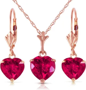 Galaxy Gold GG 14K Solid Rose Gold Lab Grown Heart Ruby Necklace and Earrings Set Grade AAA