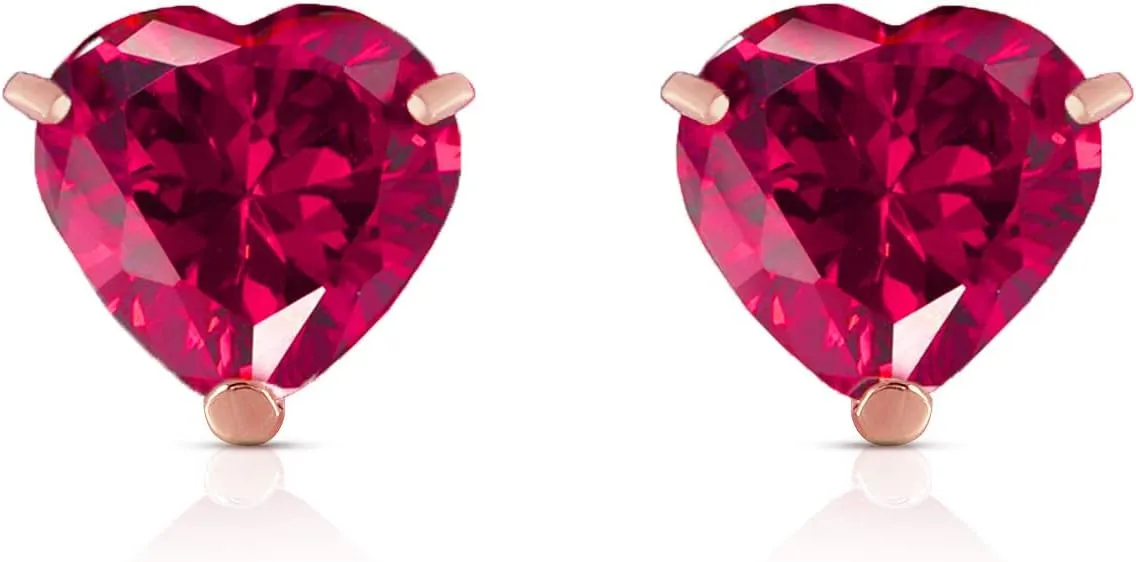 Galaxy Gold GG 14K Solid Rose Gold Lab Grown Heart Ruby Necklace and Stud Earrings Set Grade AAA