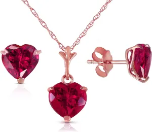 Galaxy Gold GG 14K Solid Rose Gold Lab Grown Heart Ruby Necklace and Stud Earrings Set Grade AAA