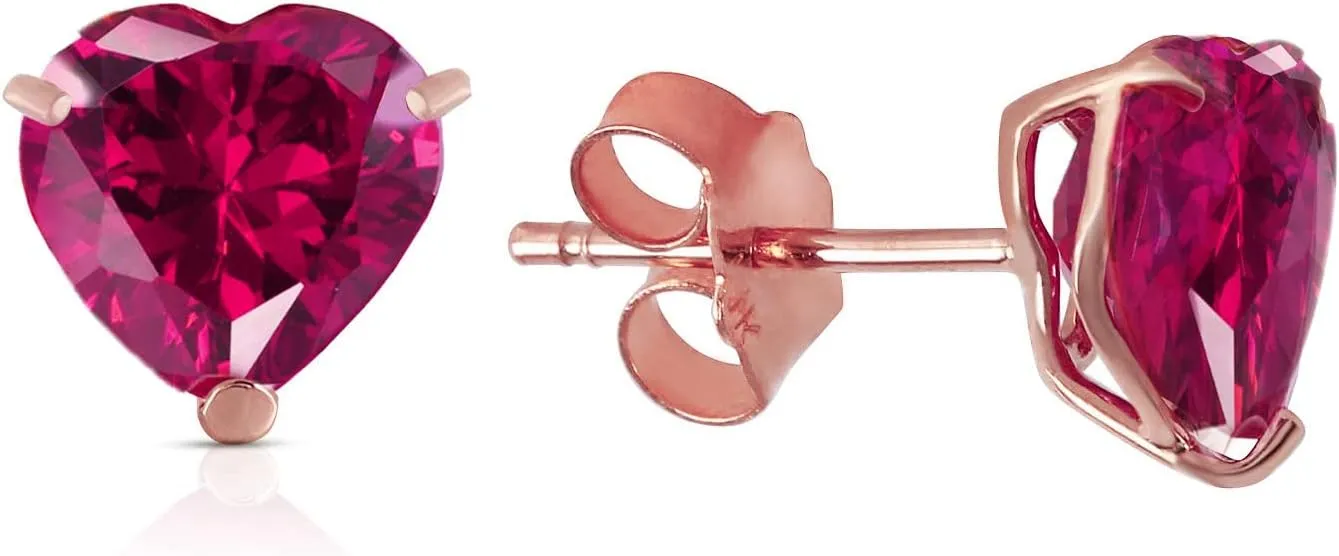 Galaxy Gold GG 14K Solid Rose Gold Lab Grown Heart Ruby Necklace and Stud Earrings Set Grade AAA