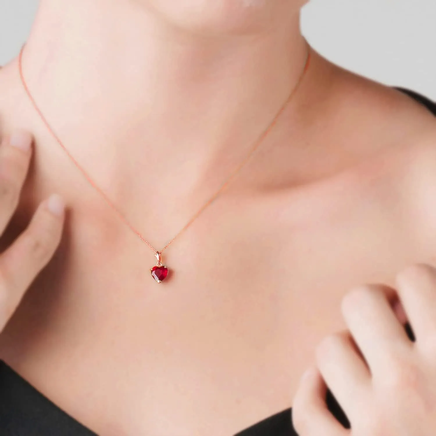 Galaxy Gold GG 14K Solid Rose Gold Lab Grown Heart Ruby Necklace and Stud Earrings Set Grade AAA