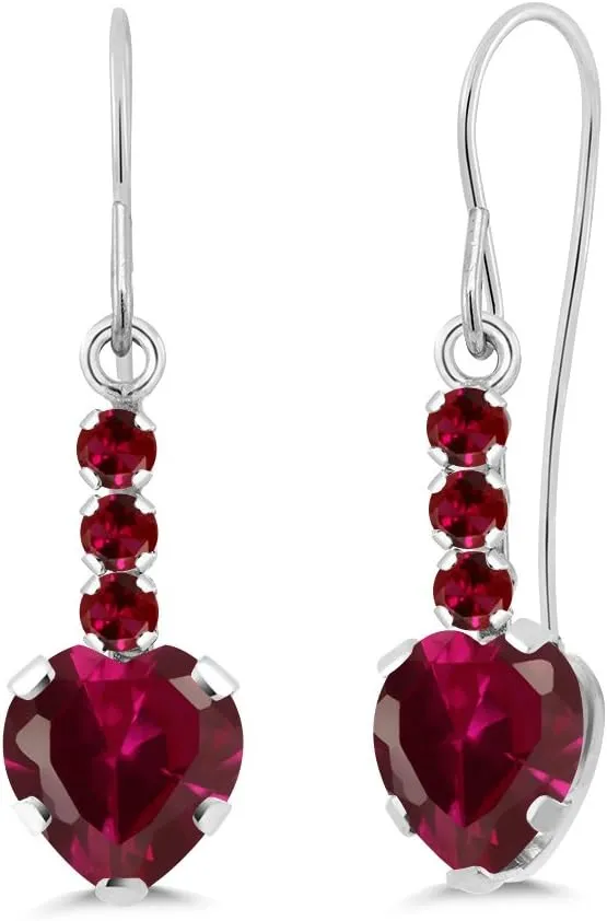 Gem Stone King 14K White Gold Red Created Ruby French Wire Dangle Hook Earrings For Women (2.22 Cttw, Gemstone July Birthstone, Heart Shape 6MM)
