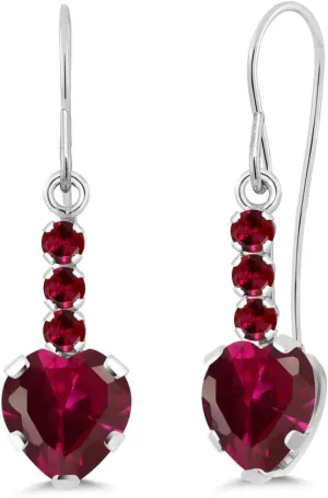 Gem Stone King 14K White Gold Red Created Ruby French Wire Dangle Hook Earrings For Women (2.22 Cttw, Gemstone July Birthstone, Heart Shape 6MM)