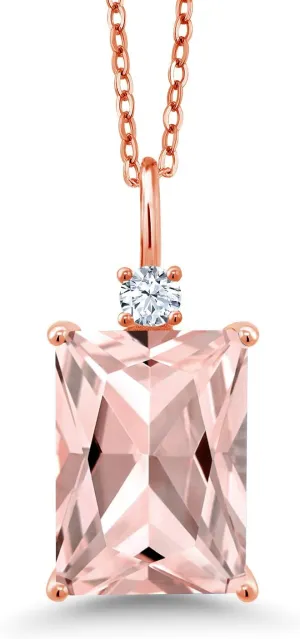 Gem Stone King 18K Rose Gold Plated Silver Peach Simulated Morganite Pendant Necklace For Women | Emerald Cut 14X10MM | 6.41 Cttw | With 18 Inch Silver Chain