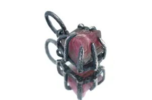 Gem Watermelon Tourmaline Rind - Oxidised Sterling Silver - Strong Claw Wire Setting  - Hammer Textured - Pendant Crystal Necklace