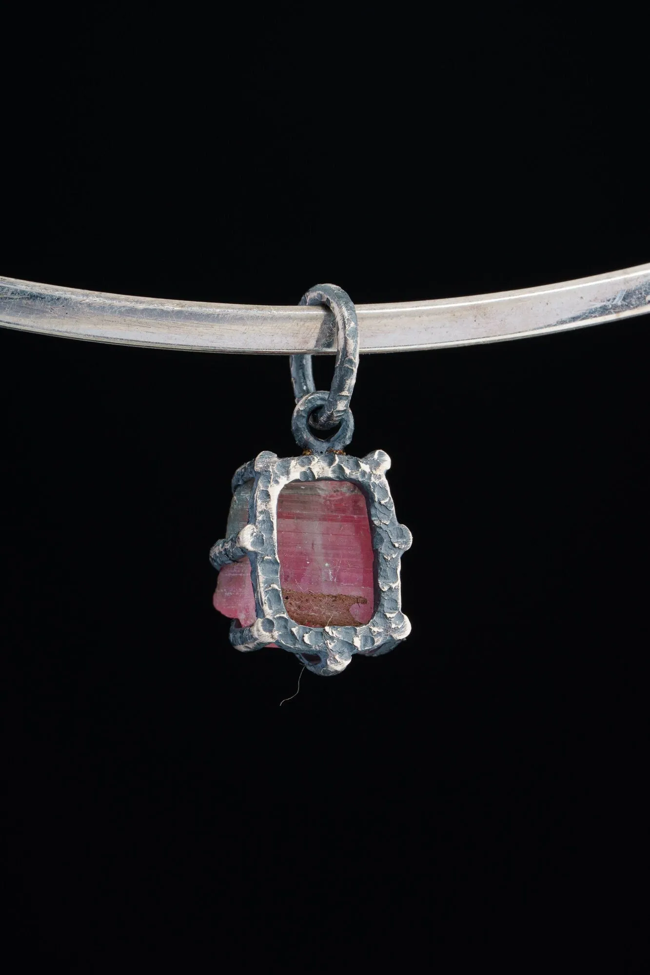 Gem Watermelon Tourmaline Rind - Oxidised Sterling Silver - Strong Claw Wire Setting  - Hammer Textured - Pendant Crystal Necklace