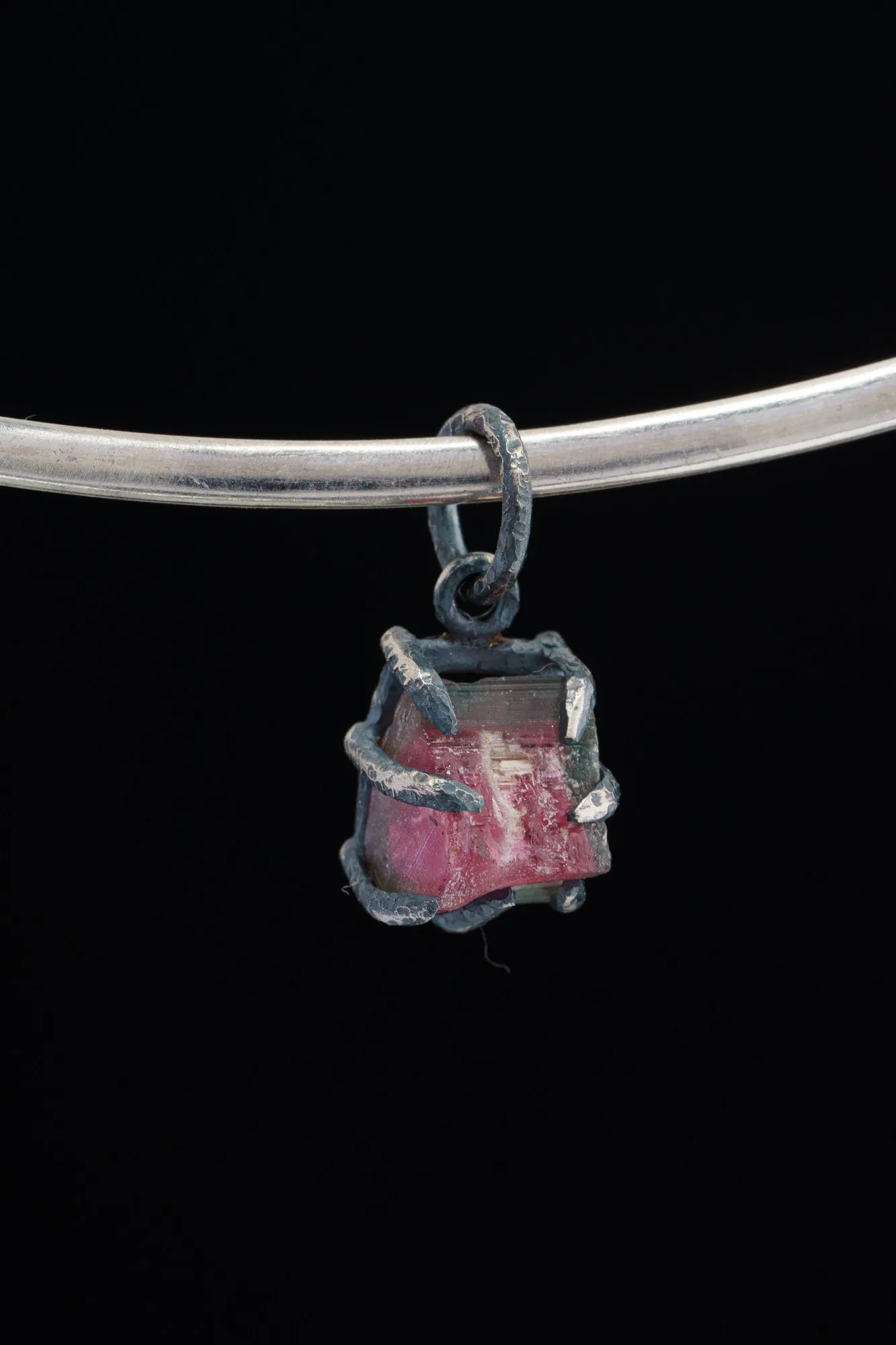 Gem Watermelon Tourmaline Rind - Oxidised Sterling Silver - Strong Claw Wire Setting  - Hammer Textured - Pendant Crystal Necklace