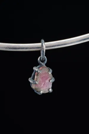 Gem Watermelon Tourmaline Slice  - Oxidised Sterling Silver - Strong Claw Wire Setting  - Hammer Textured - Pendant Crystal Necklace