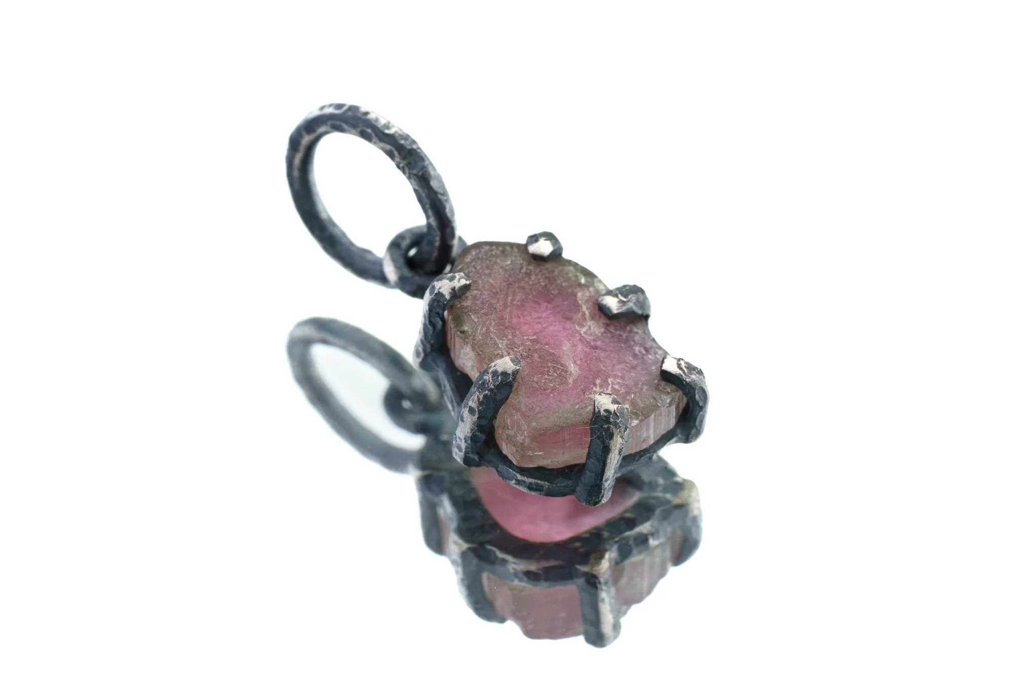 Gem Watermelon Tourmaline Slice  - Oxidised Sterling Silver - Strong Claw Wire Setting  - Hammer Textured - Pendant Crystal Necklace