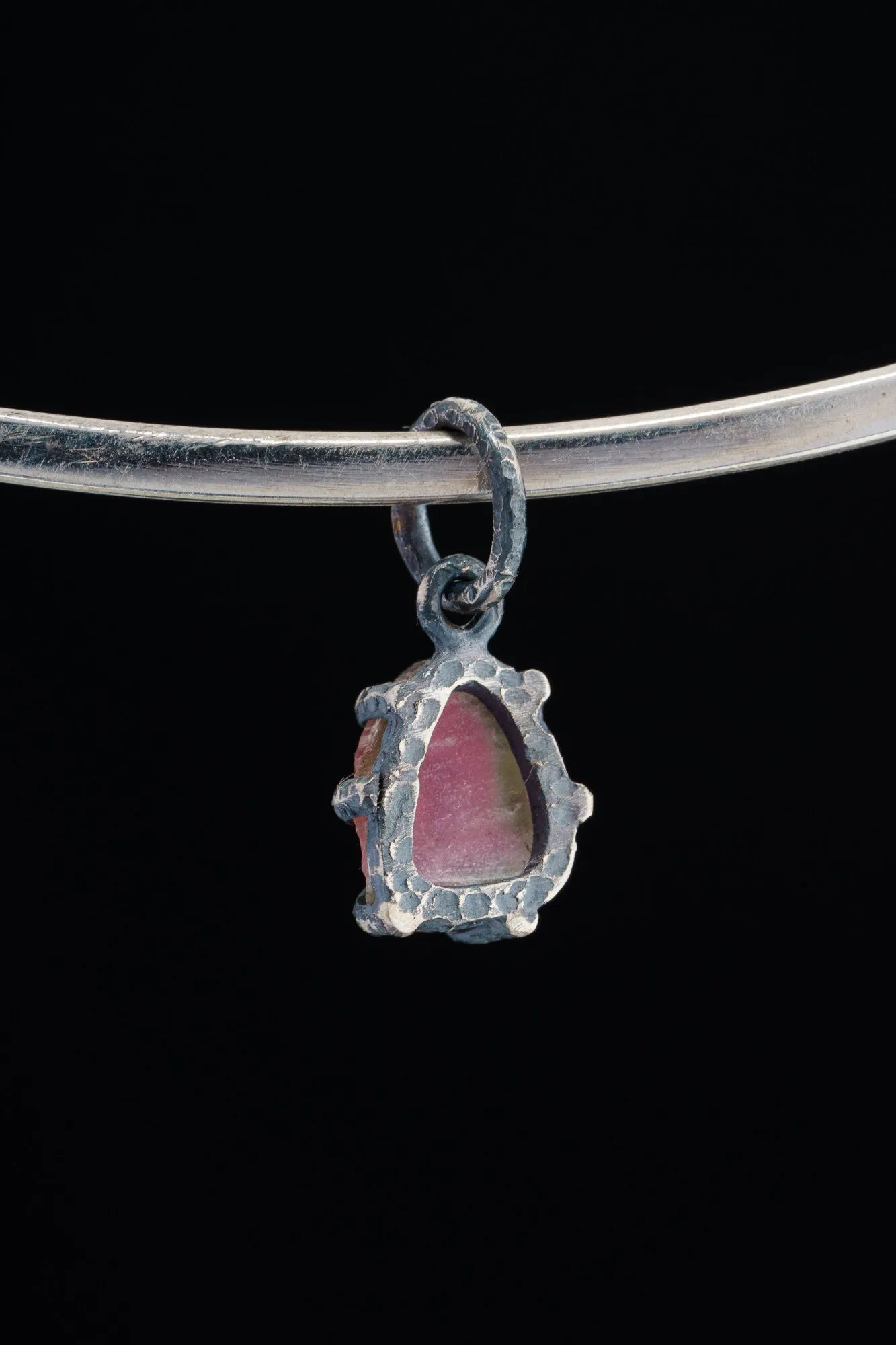Gem Watermelon Tourmaline Slice  - Oxidised Sterling Silver - Strong Claw Wire Setting  - Hammer Textured - Pendant Crystal Necklace