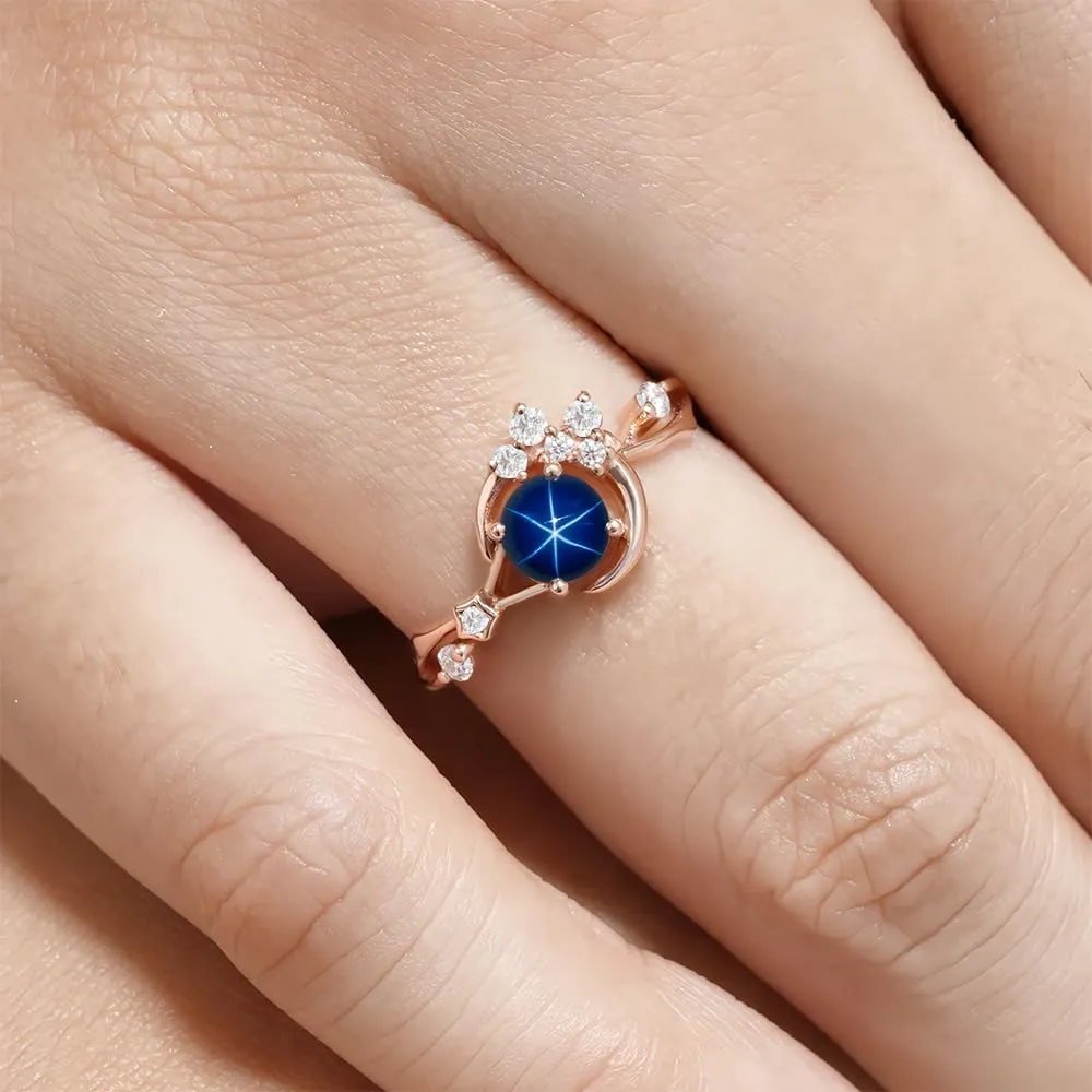Gemstone Engagement Rings for Women Gemstone Ring Unique Moon Star Ring 10K 14K 18K White Yellow Rose Gold Gemstone Engagement Ring Anniversary Promise Ring