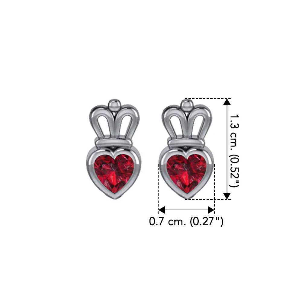 Gemstone Heart With Crown Silver Post Earrings TER2181