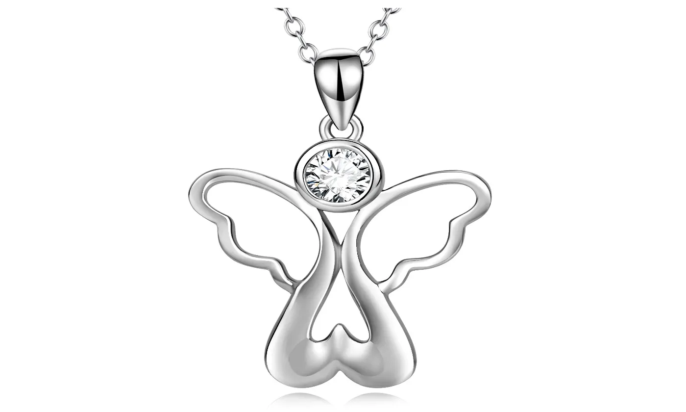 Genuine Sterling Silver Angel With Wings Cubic Zirconia Pendant
