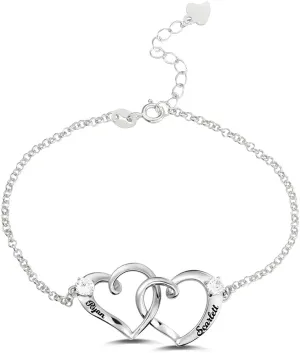 Getname Necklace Sterling Silver Bracelet for Women Friendship Bracelets Custom 2 Name Bracelet Personalized 2 Birthstone Double Heart Bracelets for Women Two Hearts Bracelet