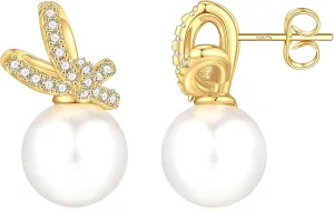 Gifts for Women - Pearl Earrings for Women, 925 Sterling Silver Post Pearl Stud Earrings Cubic Zirconia Bow Earring Jewelry