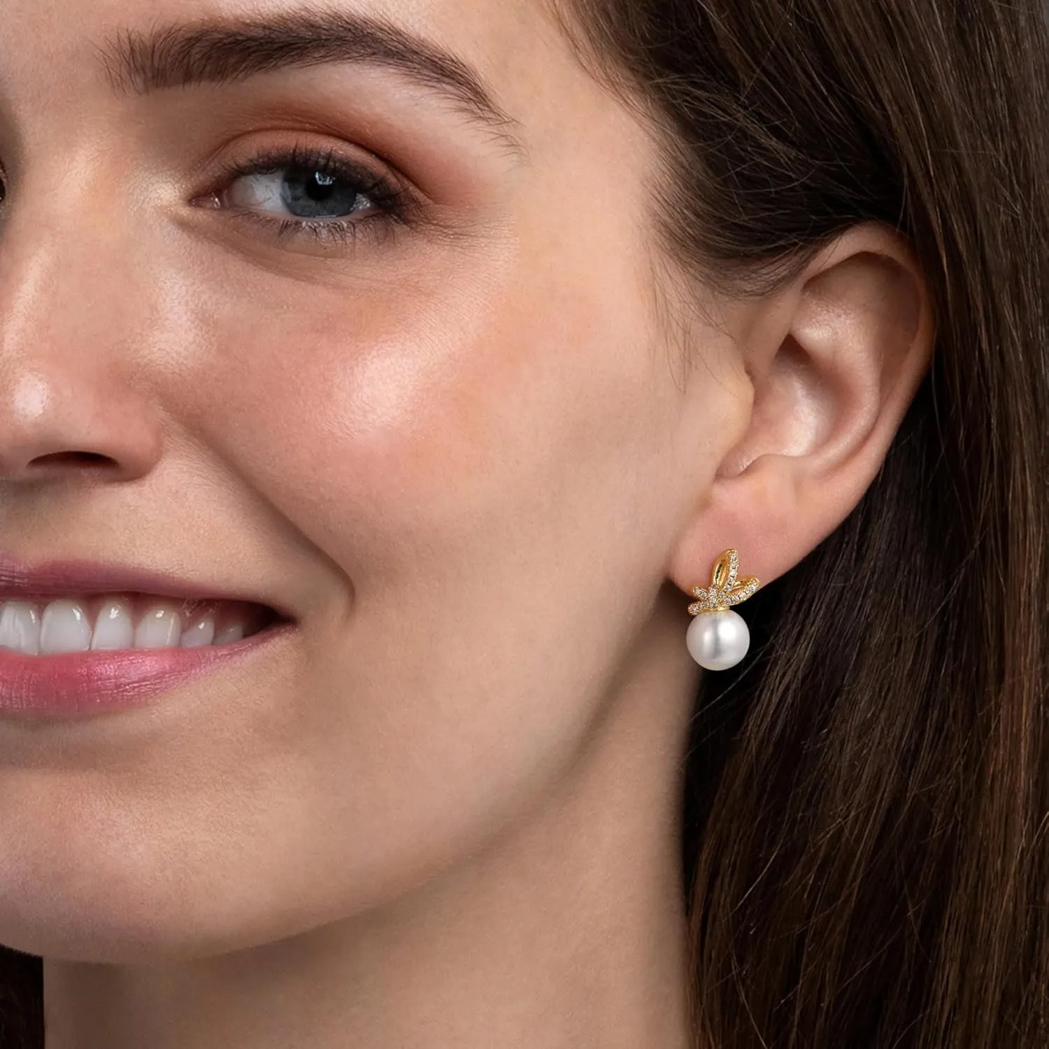 Gifts for Women - Pearl Earrings for Women, 925 Sterling Silver Post Pearl Stud Earrings Cubic Zirconia Bow Earring Jewelry