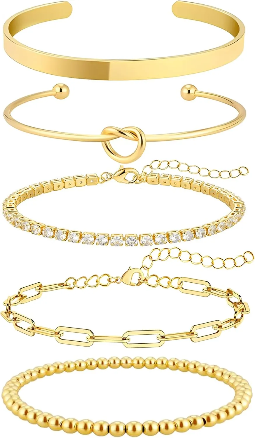 Gold Bangle Bracelets Set for Women, Stack 14k Gold Plated Cuff Bracelets for Women, Hypoallergenic Non Tarnish Beaded/Paperclip/Tennis Link Chain Bracelets Jewelry for Women Trendy 5 Pcs