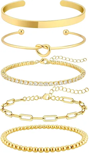 Gold Bangle Bracelets Set for Women, Stack 14k Gold Plated Cuff Bracelets for Women, Hypoallergenic Non Tarnish Beaded/Paperclip/Tennis Link Chain Bracelets Jewelry for Women Trendy 5 Pcs