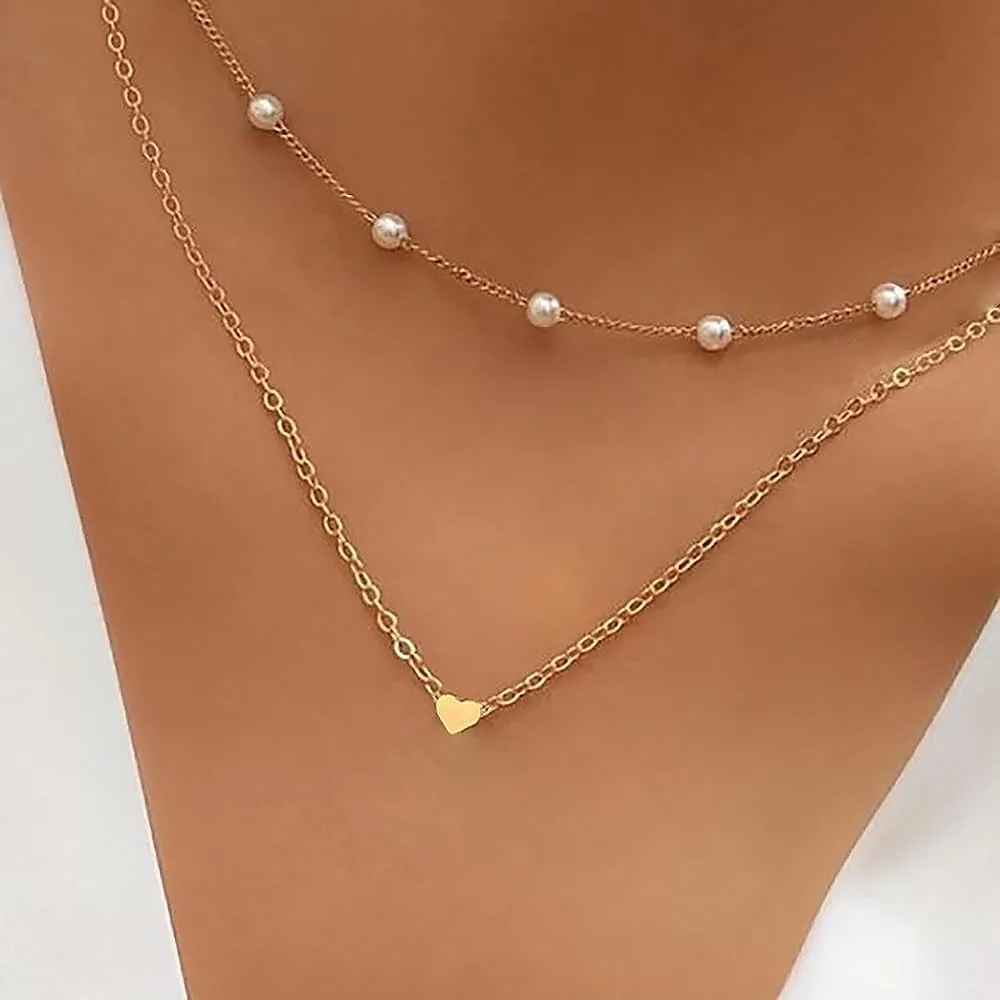Gold Baroque Pearl Choker Necklaces, Double Layered Adjustable Pearl Love Pendant Choker Necklaces Dainty Statement Jewelry Gifts for Women Teen Girls
